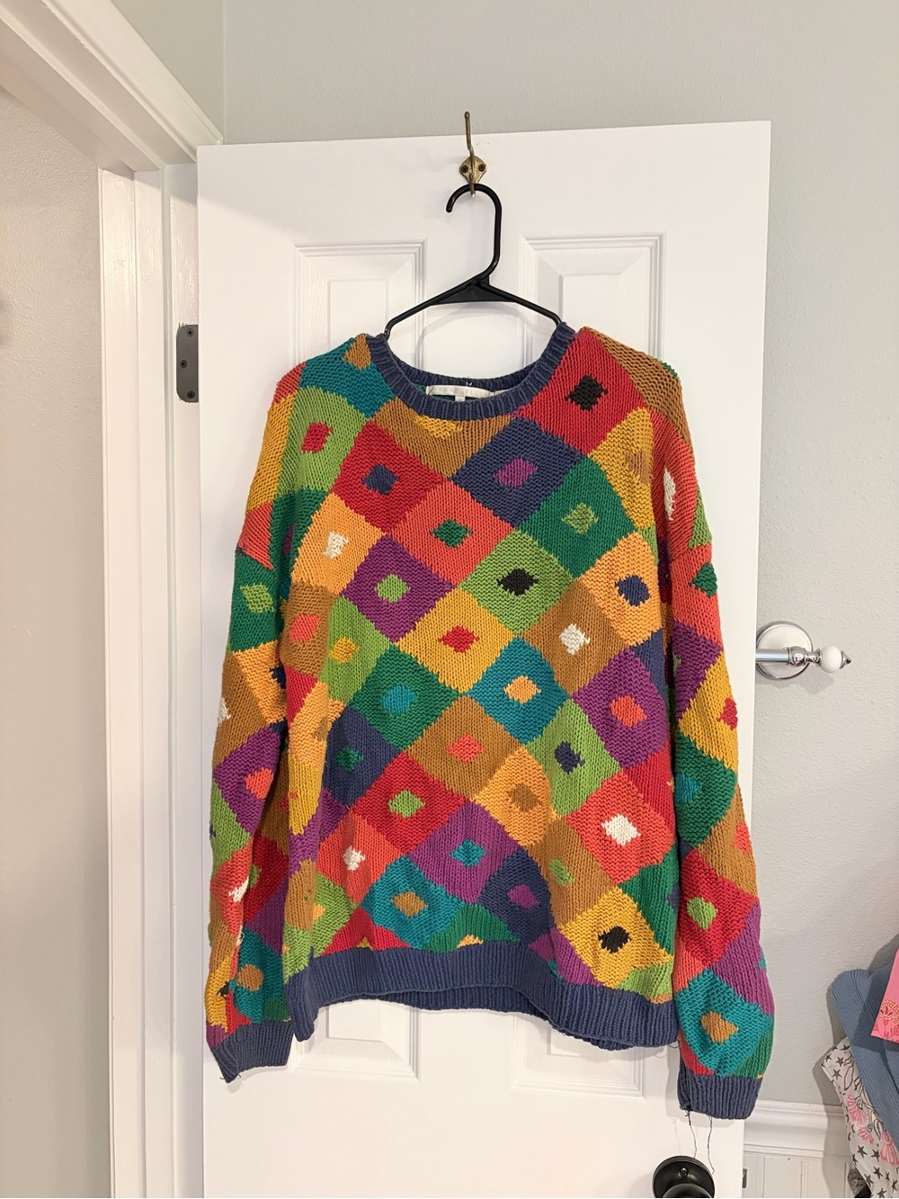 VTG Perry Ellis Colorblock Patchwork Knit Sweater M Harlequin Diamond